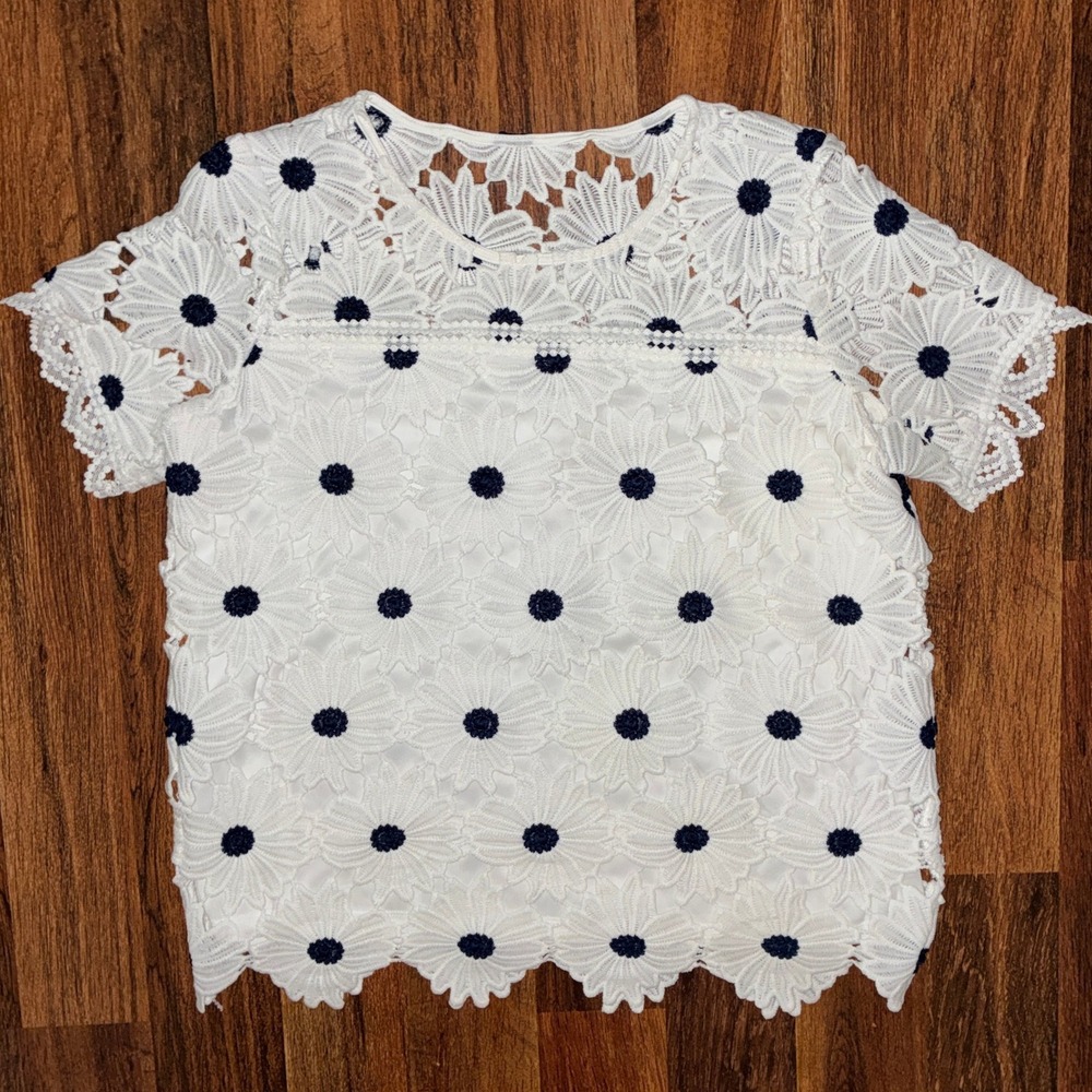 Rafaella Womens Large White Navy Floral Crochet Lace Short Sleeve Blouse Top
